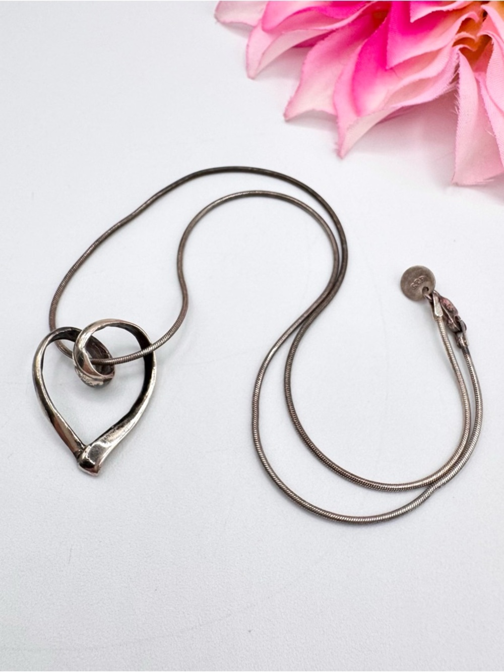 Silver Floating Heart Pendant Necklace Snake Chain Tarnished Patina Tested 7.46G